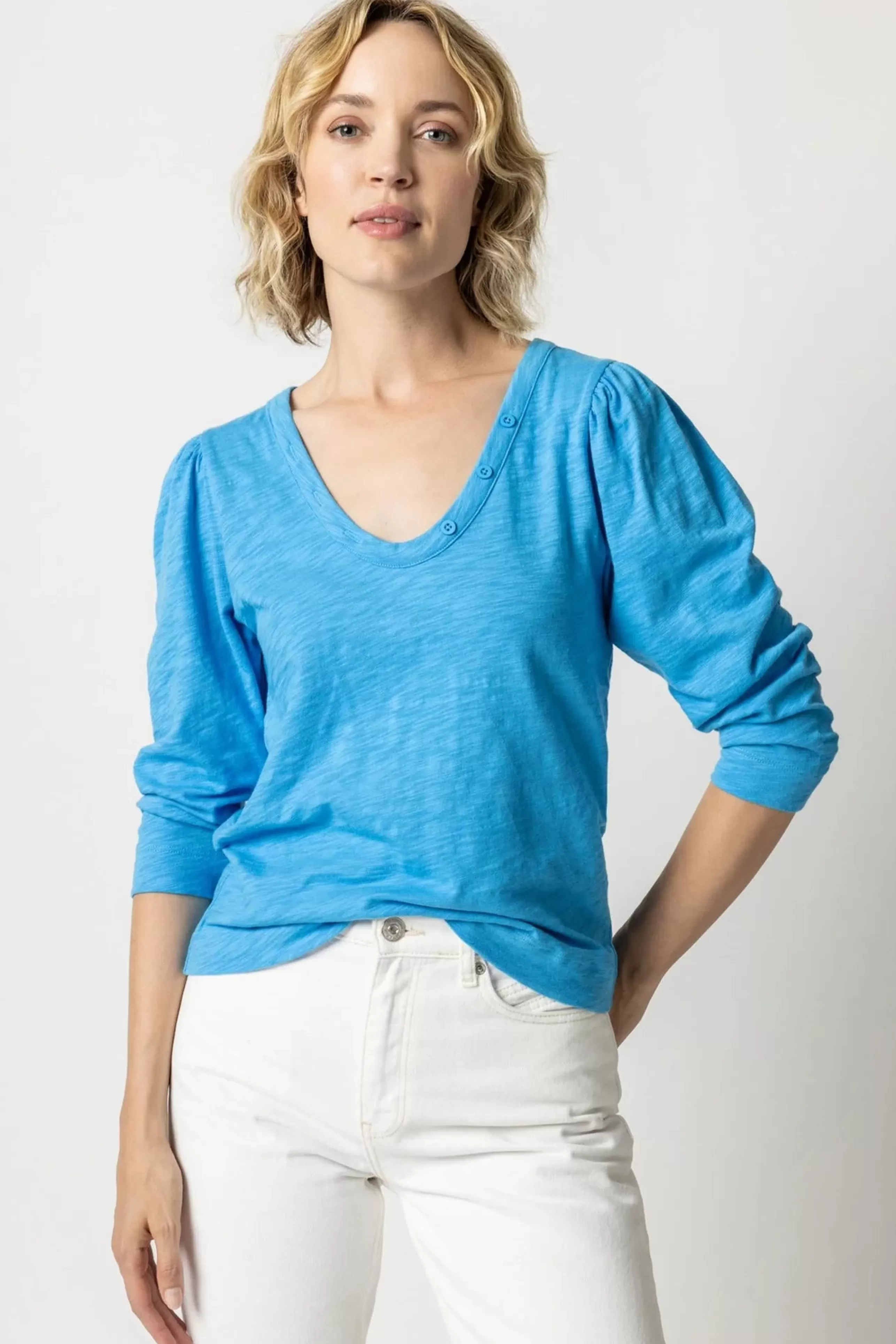 LILLA P Tops^3/4 Sleeve Button U-Neck Tee In Dutch *Final Sale*