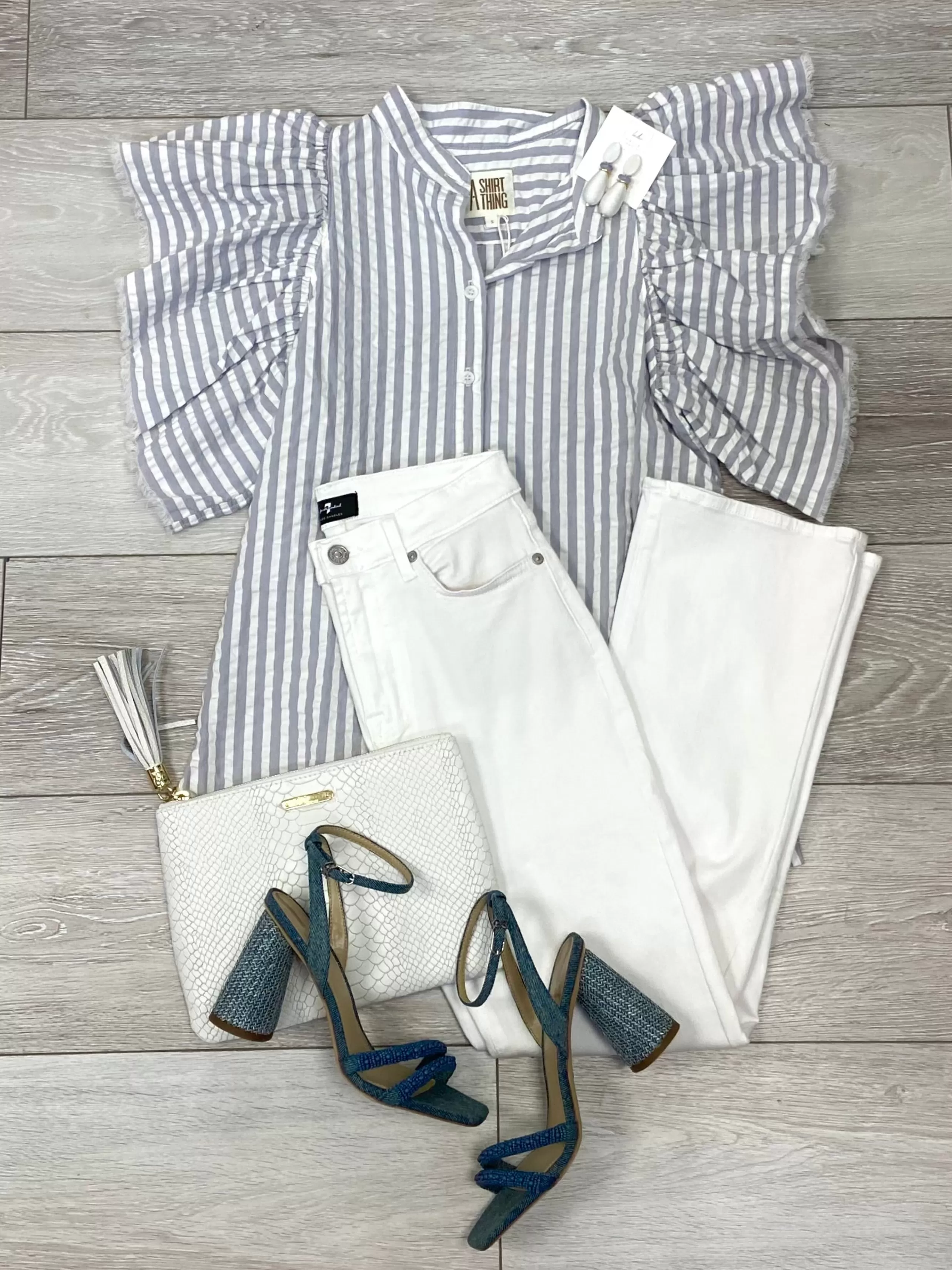 A SHIRT THING Tops^Ava Stripe Blouse In Steel/White *Final Sale*