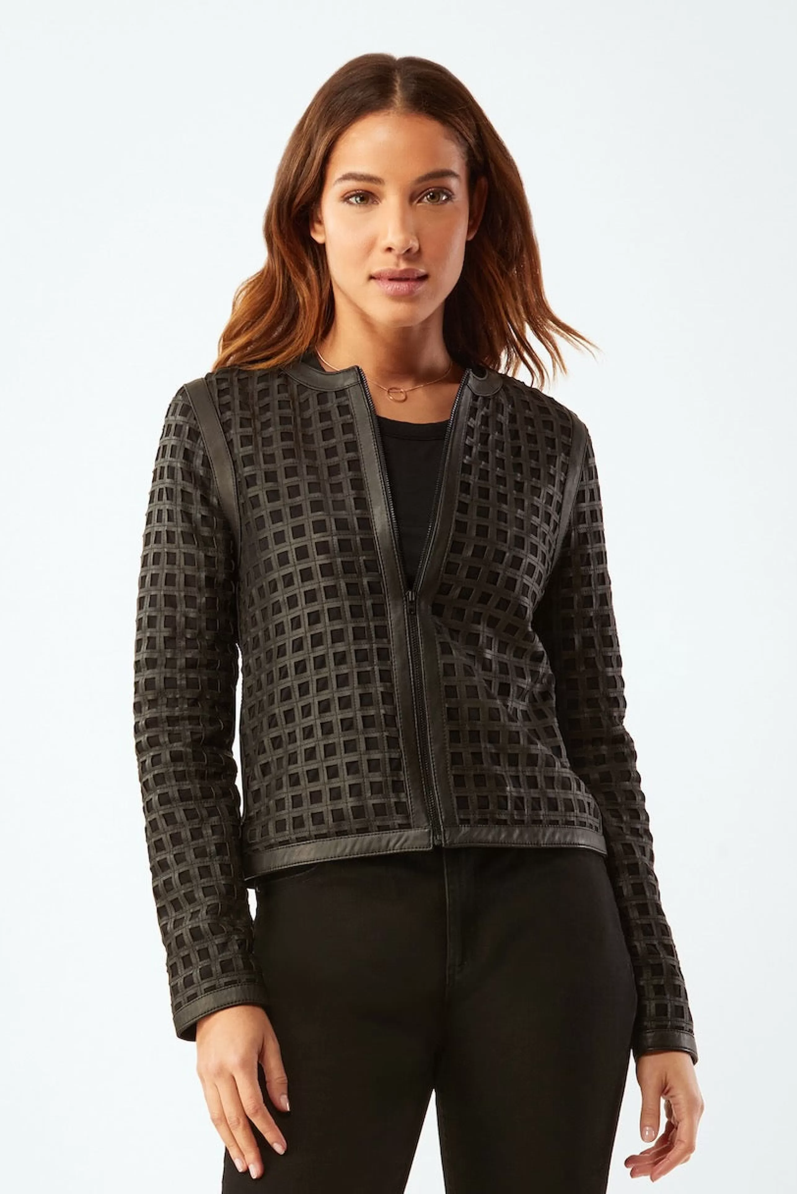 ECRU Outerwear^Bonded Grid Leather Zip Jacket In Black