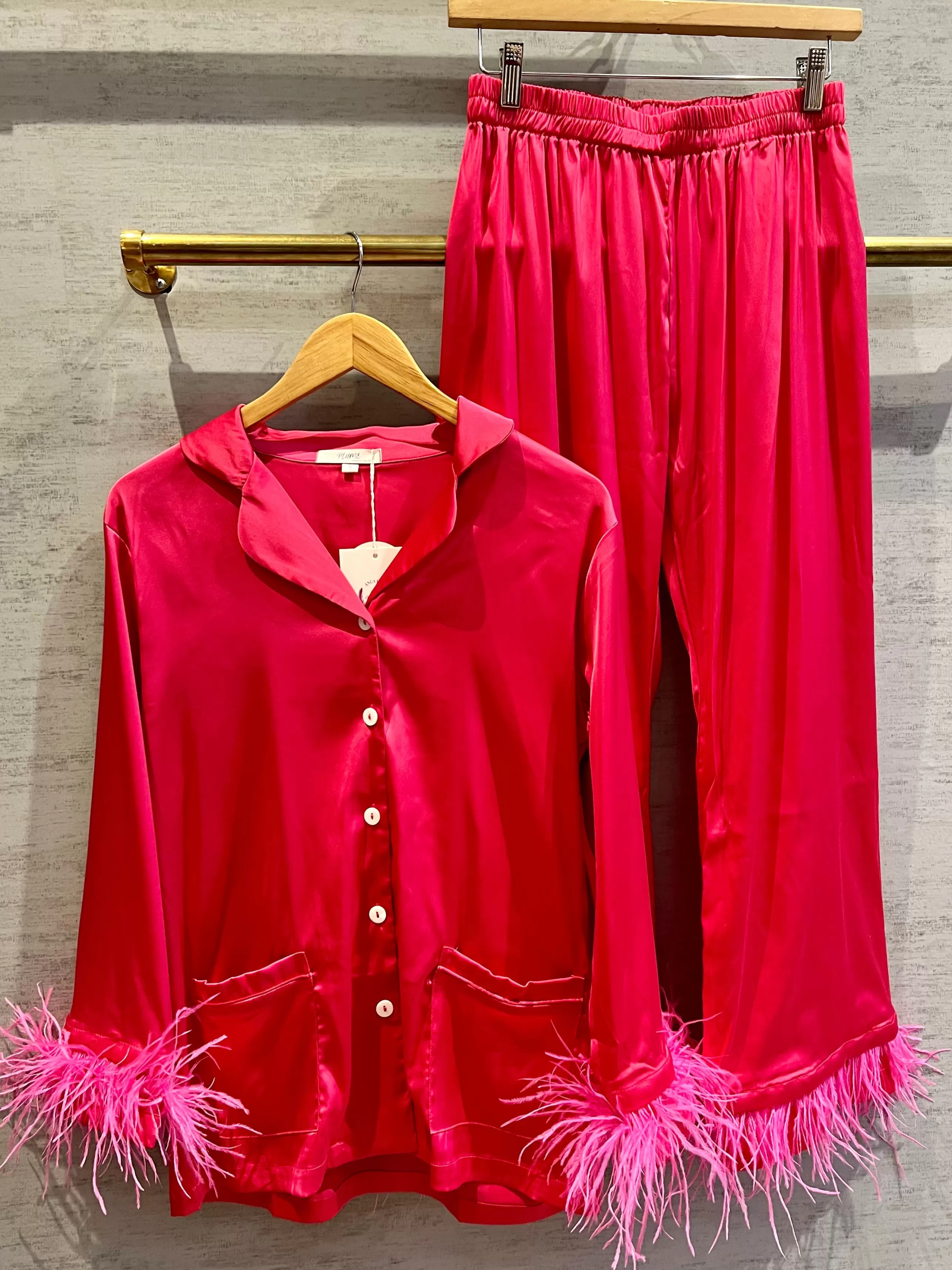 Plume Loungewear^Feather Satin Pajamas In Hot Pink