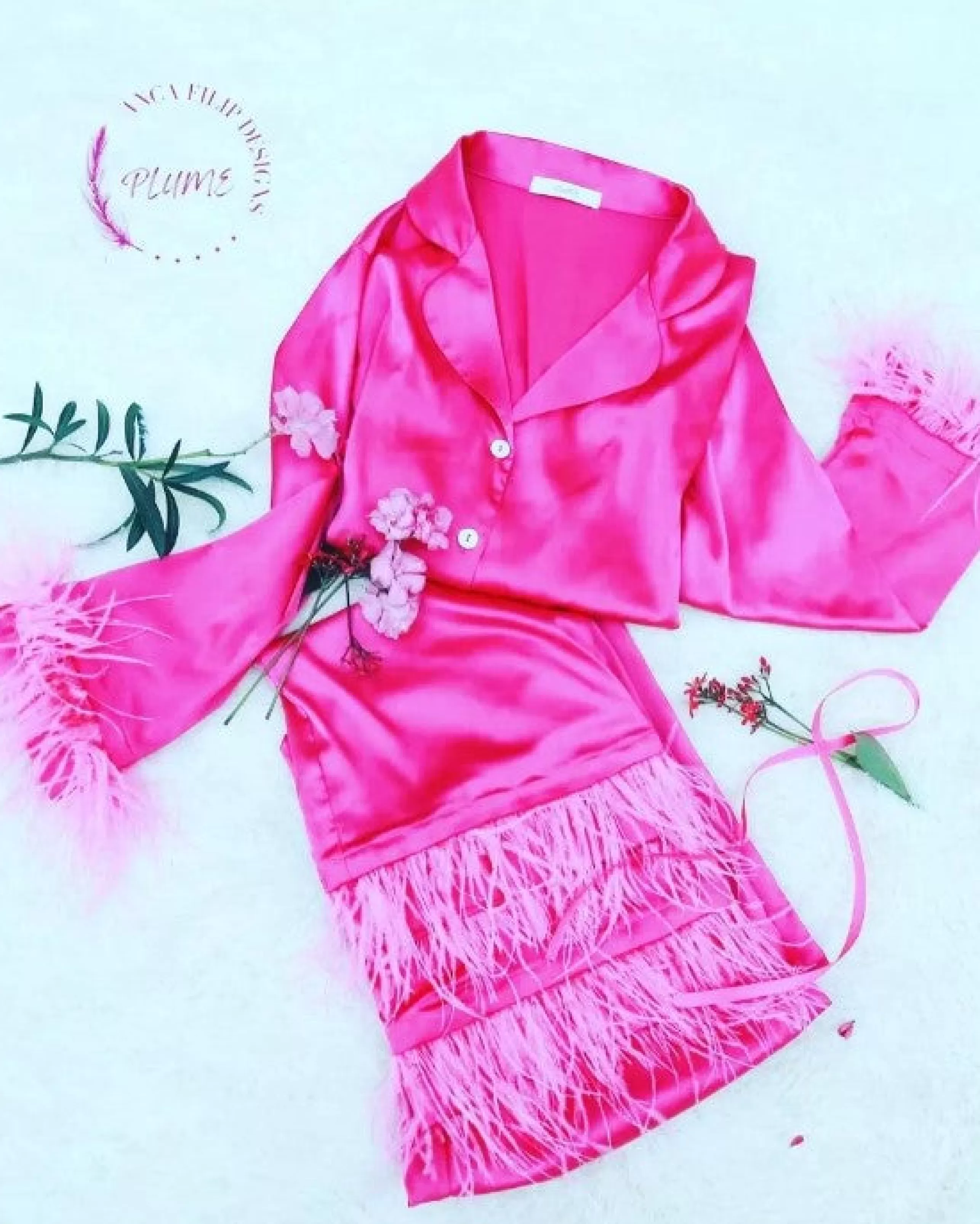 Plume Loungewear^Feather Satin Pajamas In Hot Pink