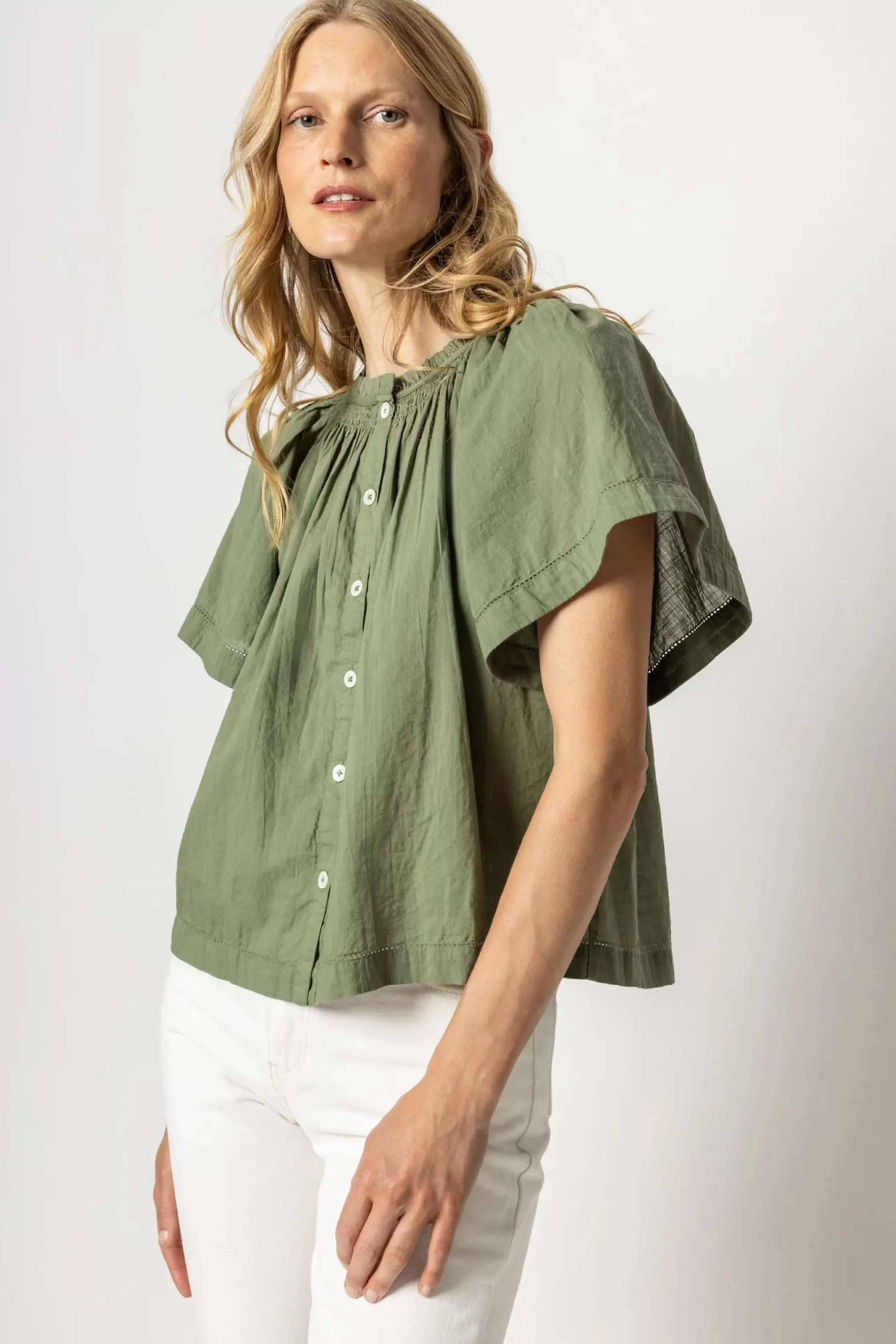 LILLA P Tops^Flutter Sleeve Button Down Top In Olive *Final Sale*