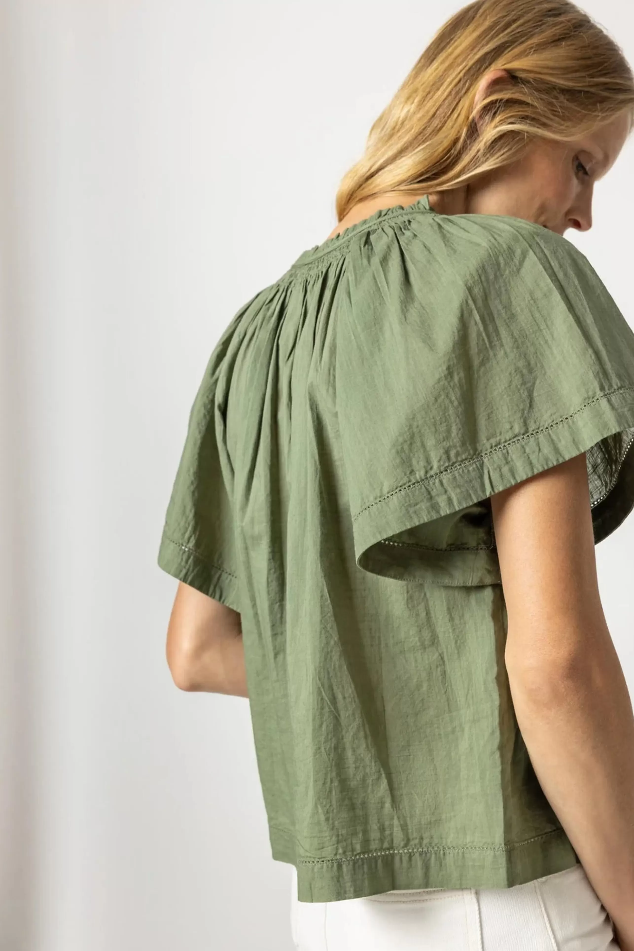 LILLA P Tops^Flutter Sleeve Button Down Top In Olive *Final Sale*