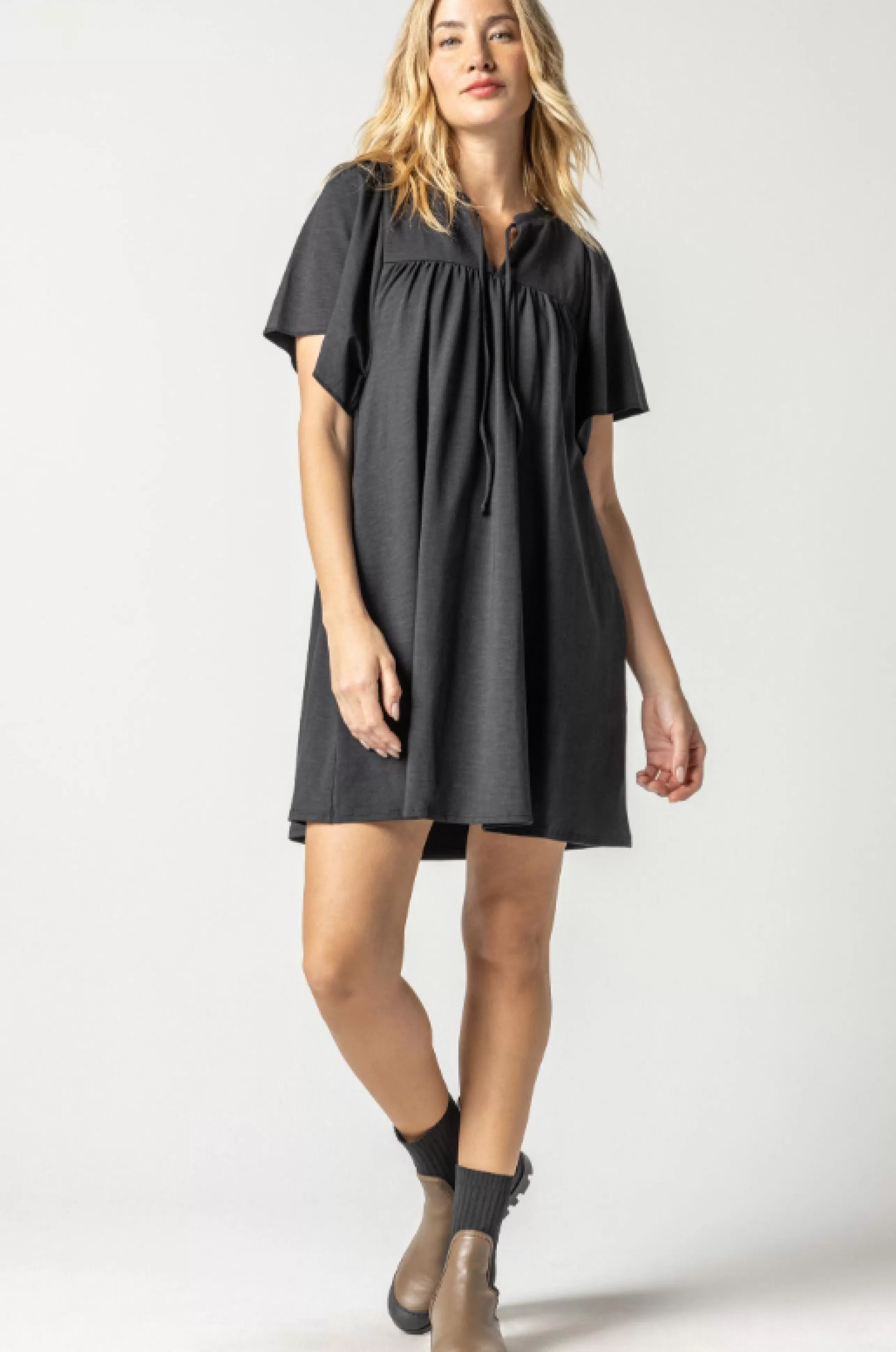 LILLA P Dress Shop^Flutter Sleeve Split Neck Dress In Black *Final Sale*