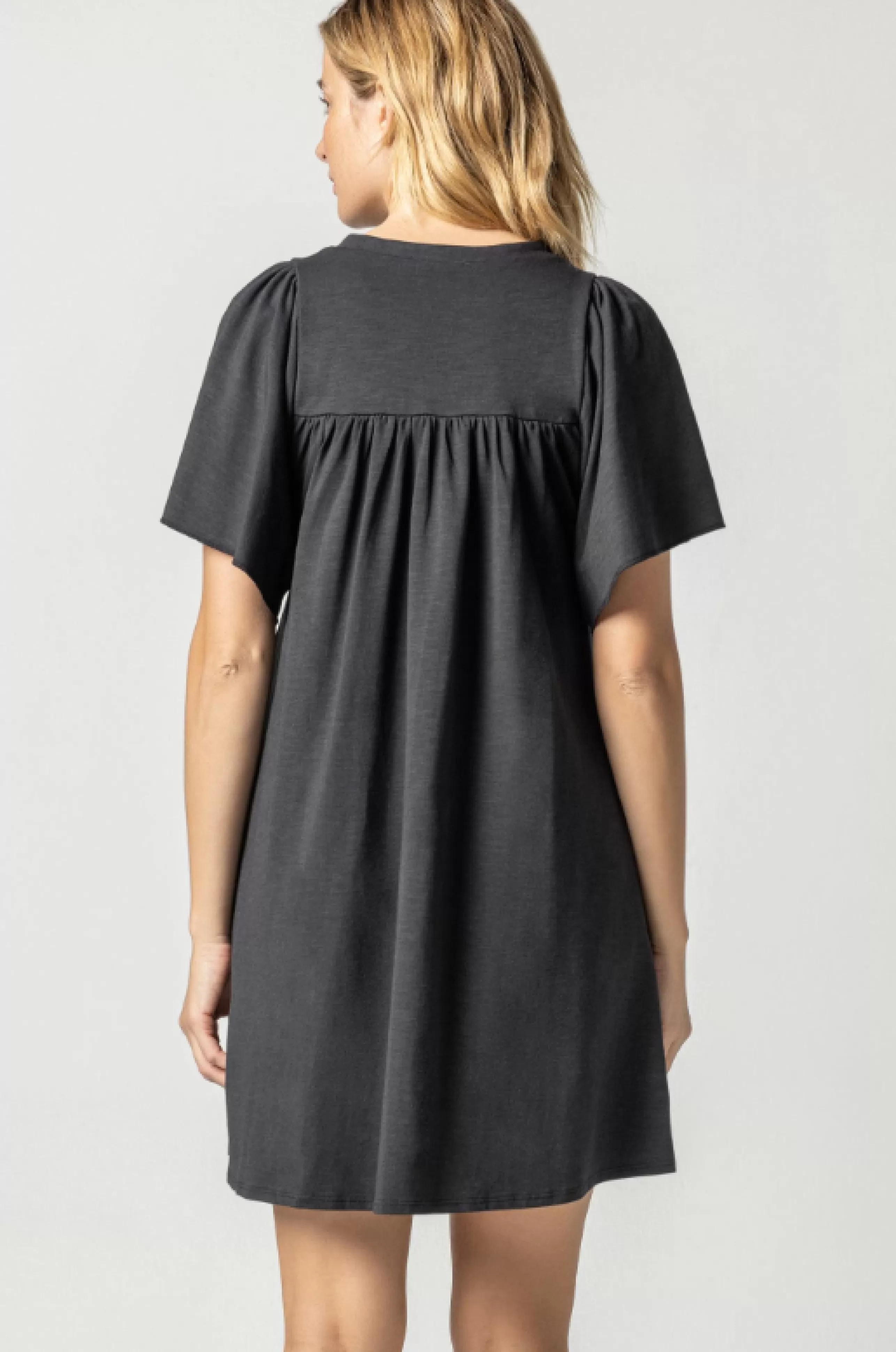 LILLA P Dress Shop^Flutter Sleeve Split Neck Dress In Black *Final Sale*