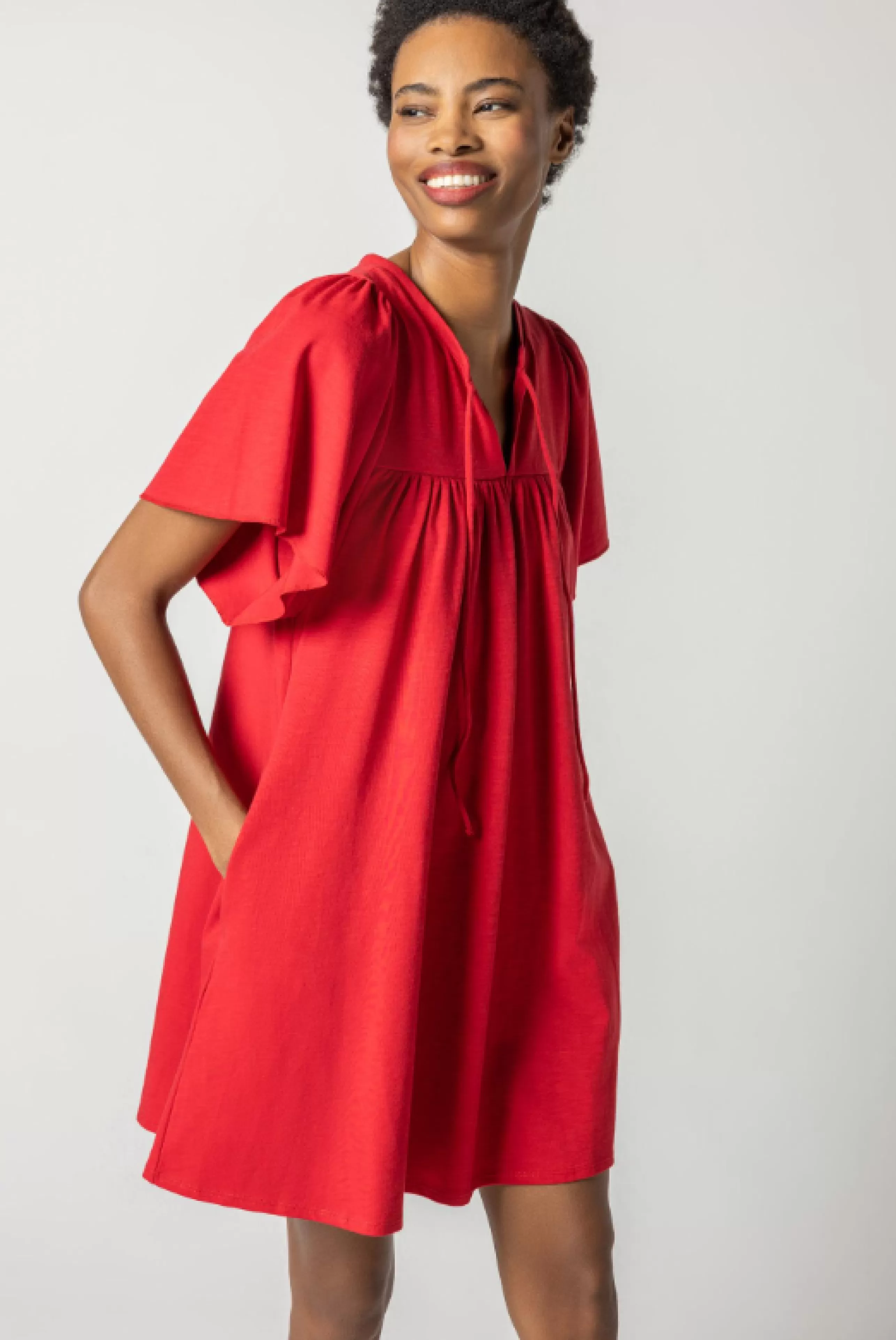 LILLA P Dress Shop^Flutter Sleeve Split Neck Dress In Ruby *Final Sale*