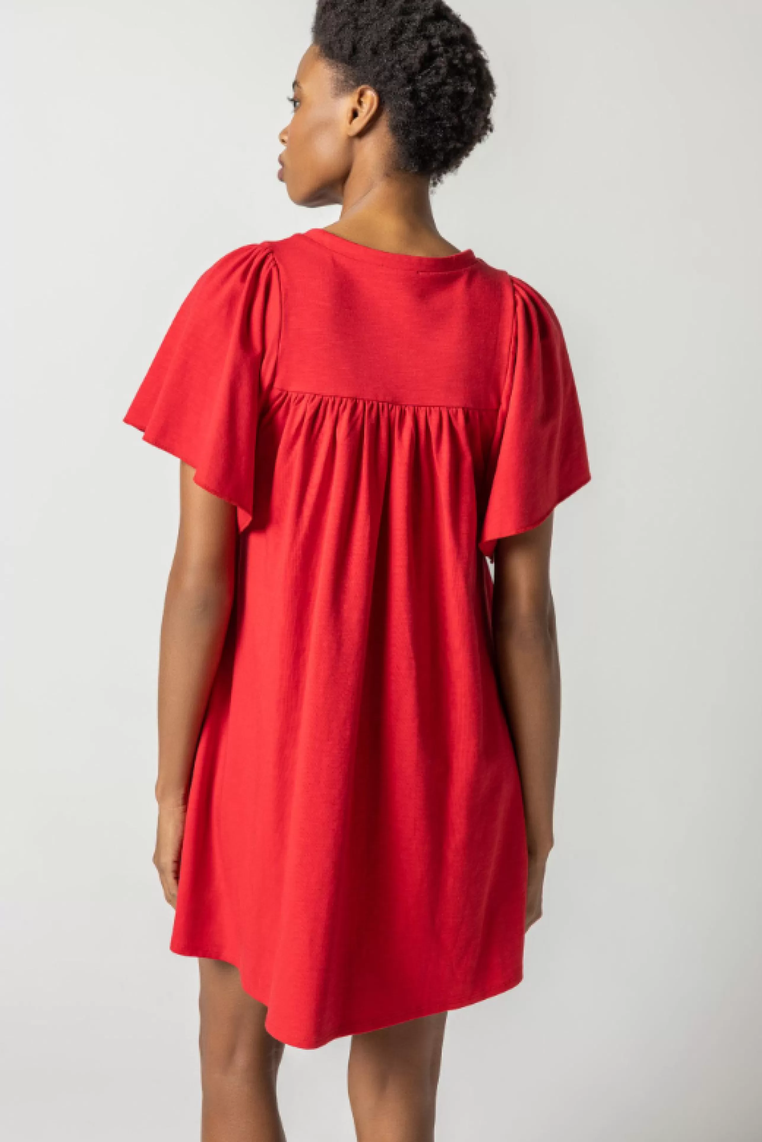 LILLA P Dress Shop^Flutter Sleeve Split Neck Dress In Ruby *Final Sale*