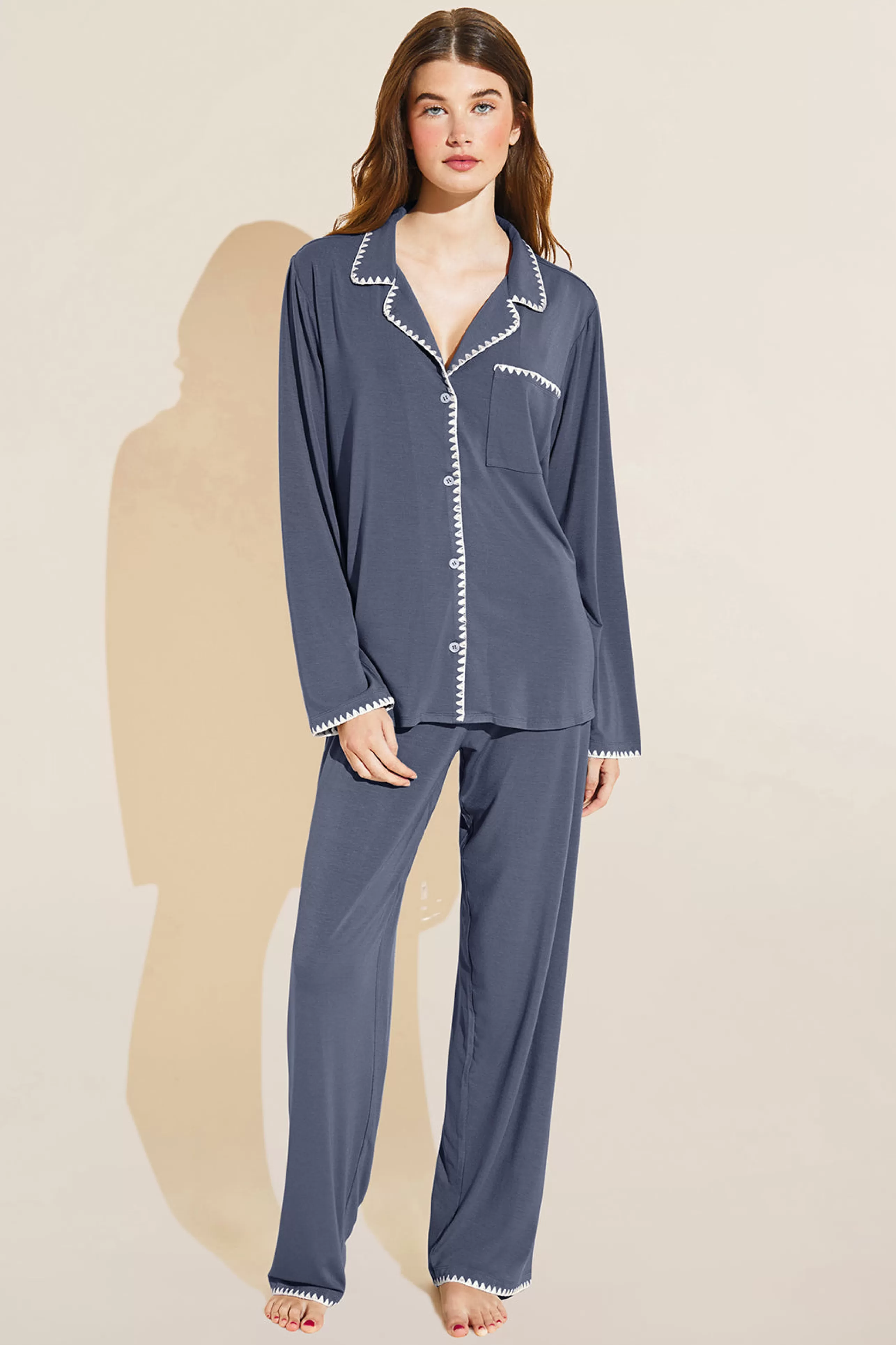 EBERJEY Loungewear^Frida Whip Stitch Long Sleeve Pj Set In Night Shadow Blue/Ivory