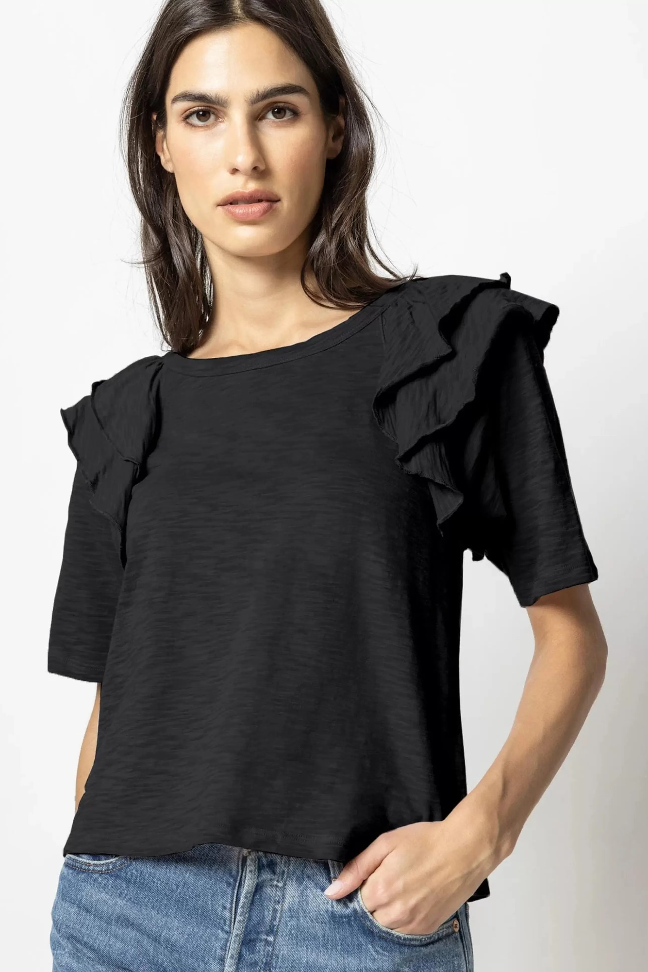 LILLA P Tops^Ruffle Shoulder Crew Neck Tee In Black