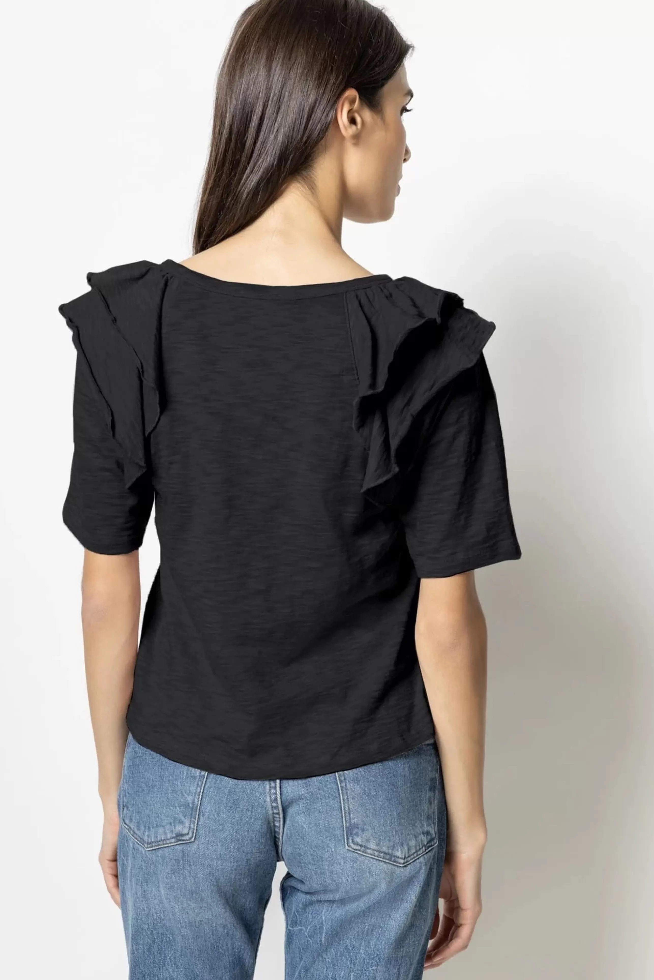 LILLA P Tops^Ruffle Shoulder Crew Neck Tee In Black