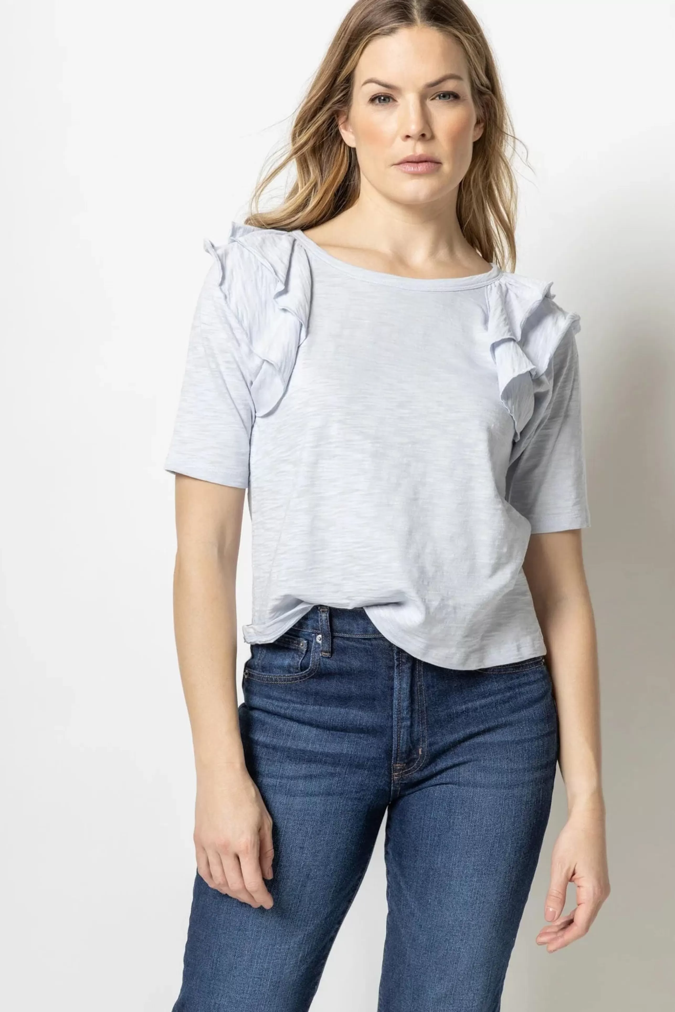 LILLA P Tops^Ruffle Shoulder Crew Neck Tee In Light Blue *Final Sale*