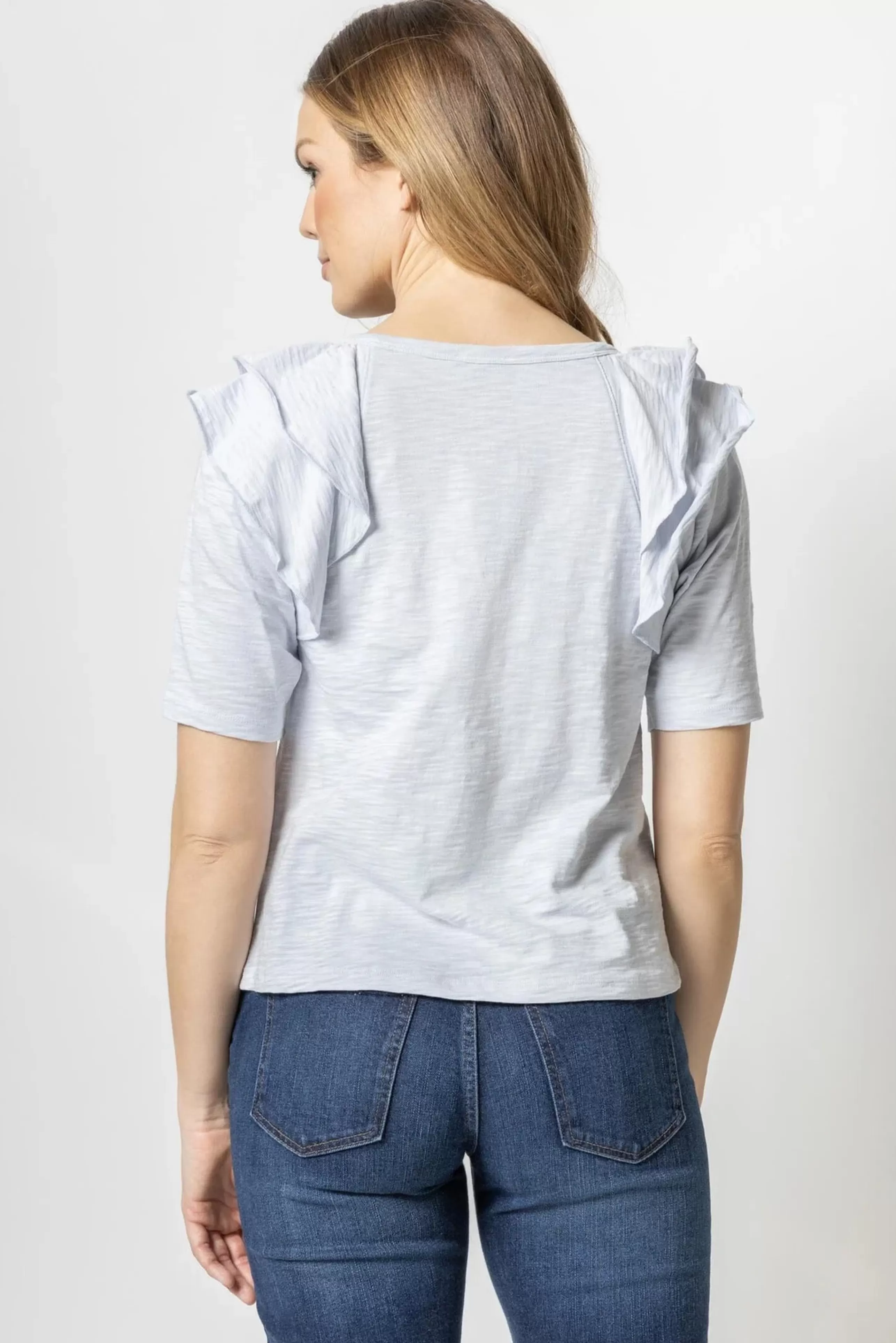 LILLA P Tops^Ruffle Shoulder Crew Neck Tee In Light Blue *Final Sale*