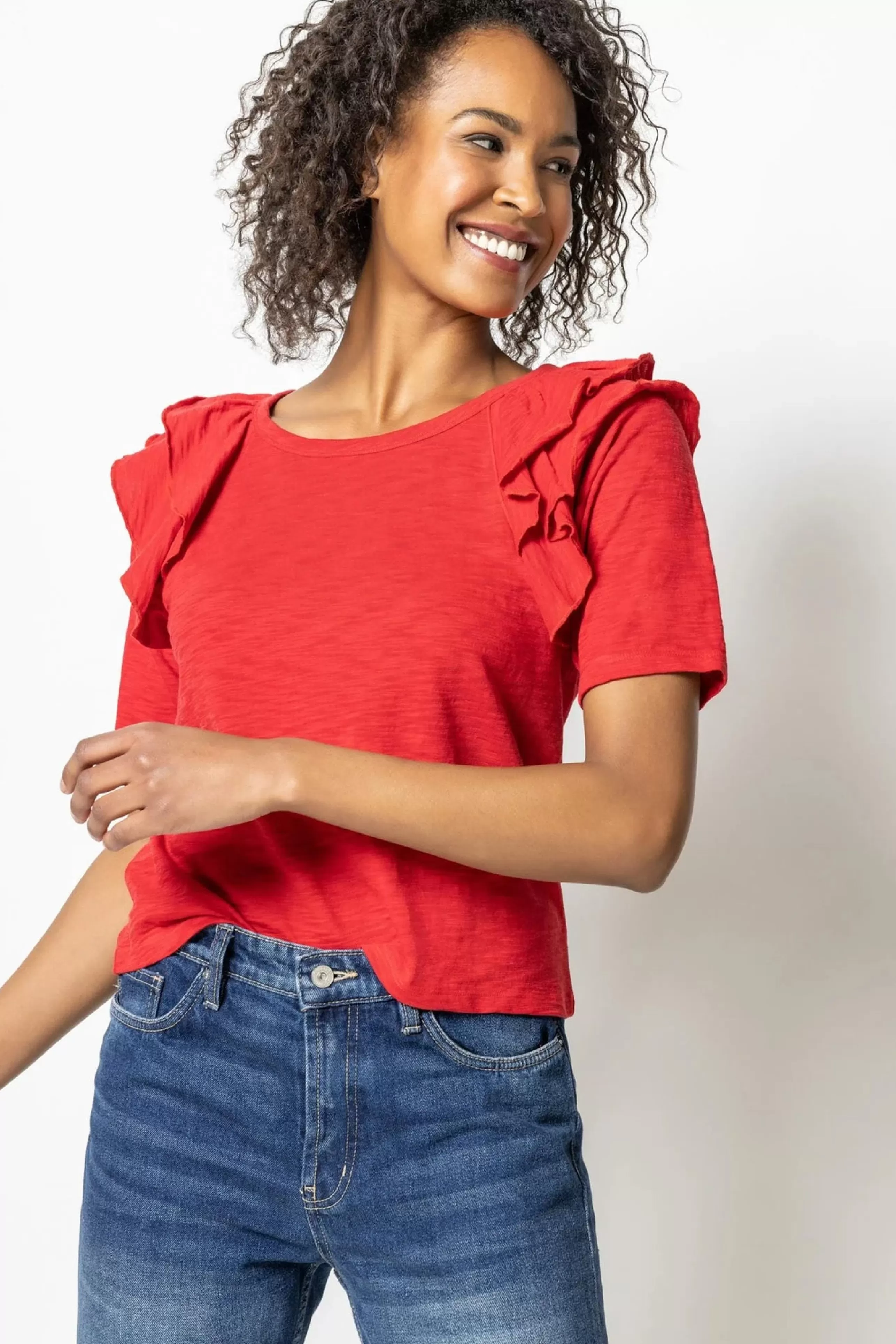 LILLA P Tops^Ruffle Shoulder Crew Neck Tee In Red