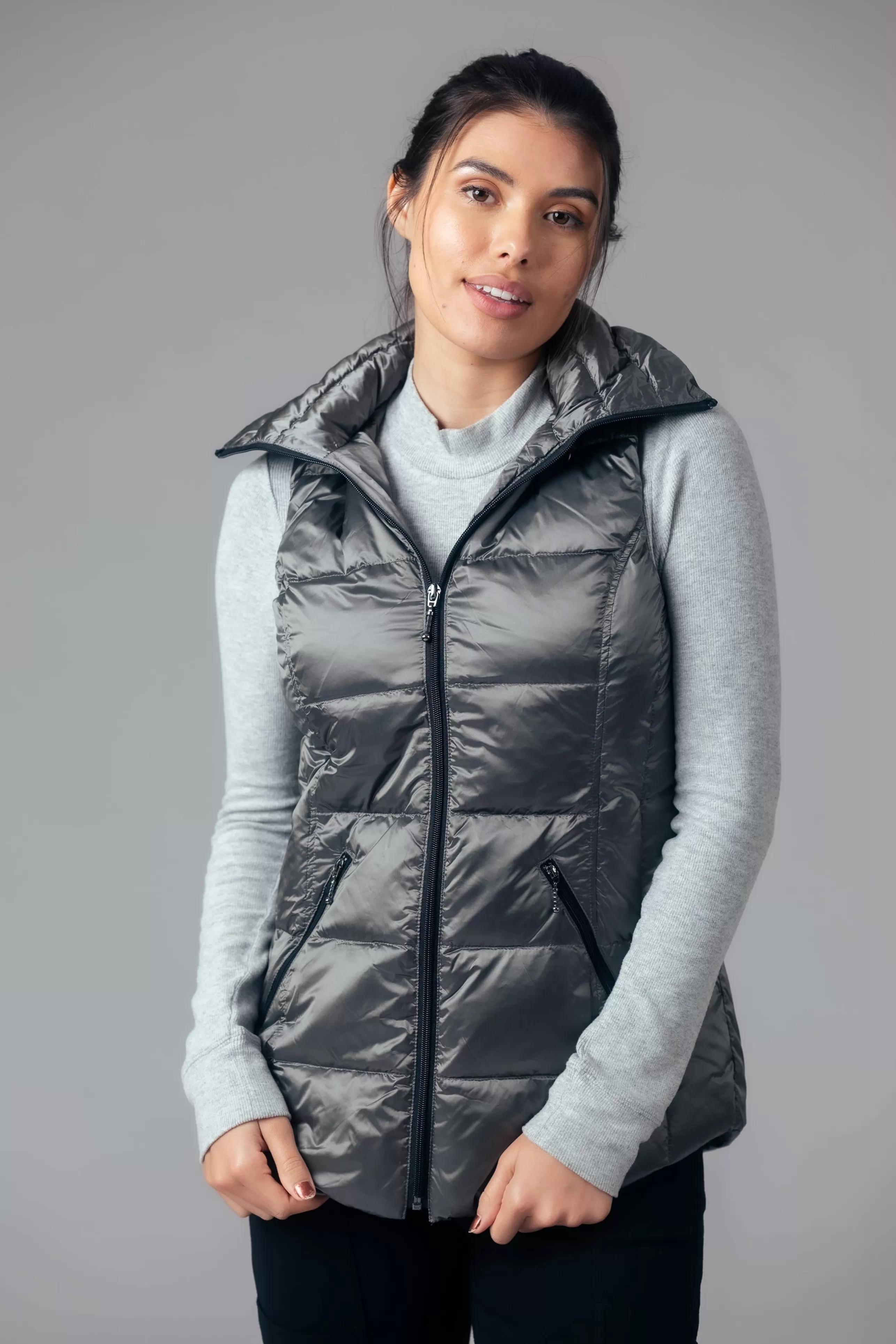 ANORAK Athelisure^Short Metallic Hooded Down Vest In Sterling Grey