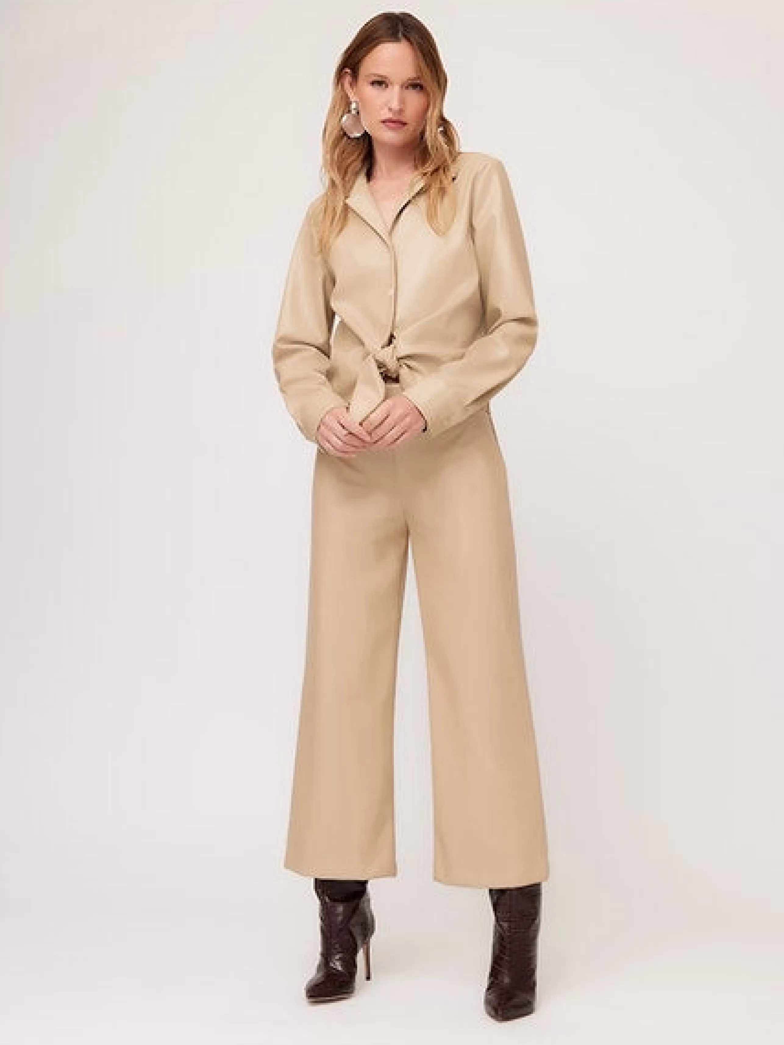 FIFTEEN TWENTY Bottoms^Vegan Leather Cropped Wide Leg Pant In Beige