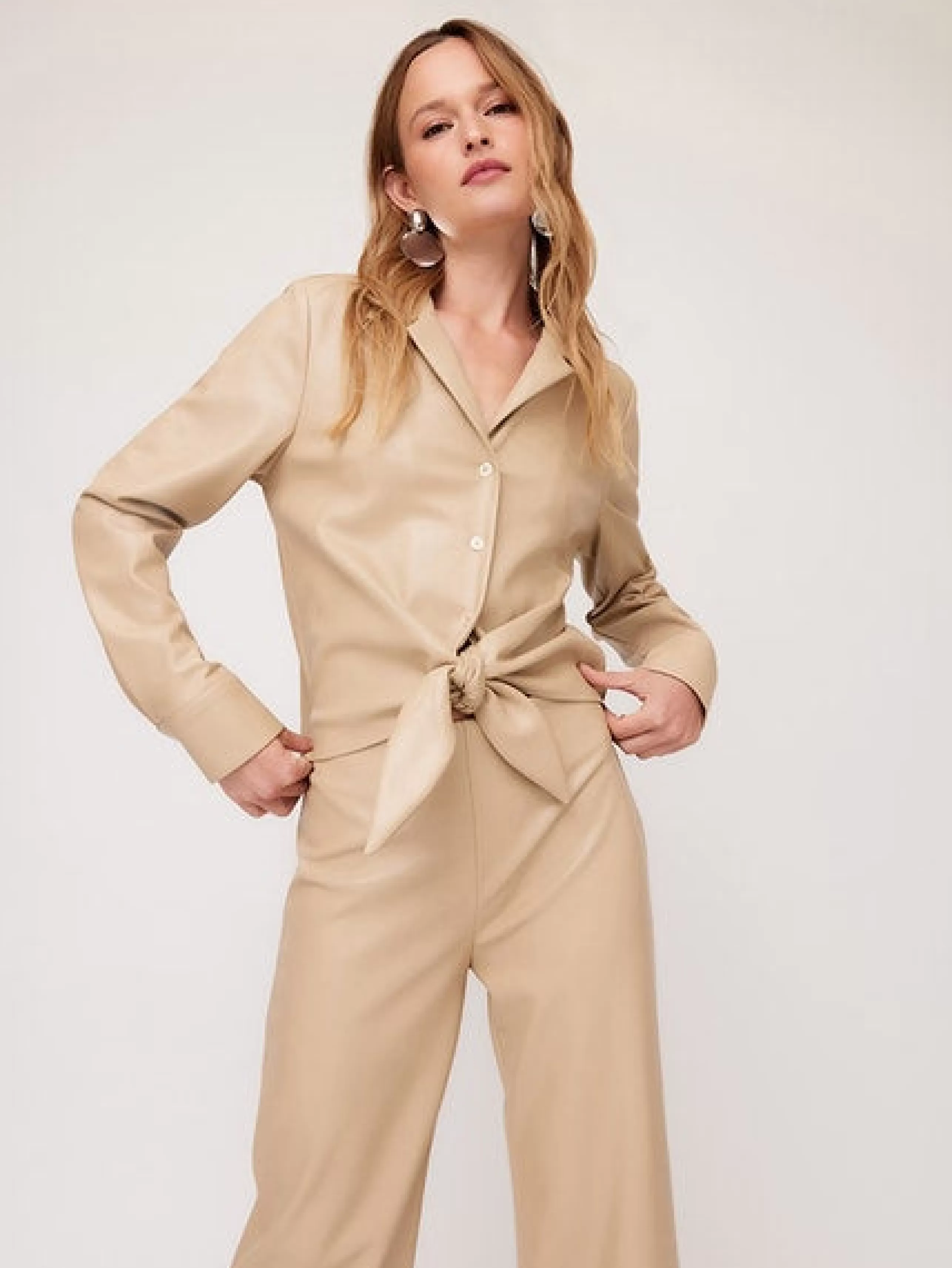 FIFTEEN TWENTY Matching Sets^Vegan Leather Tie Front Top In Beige