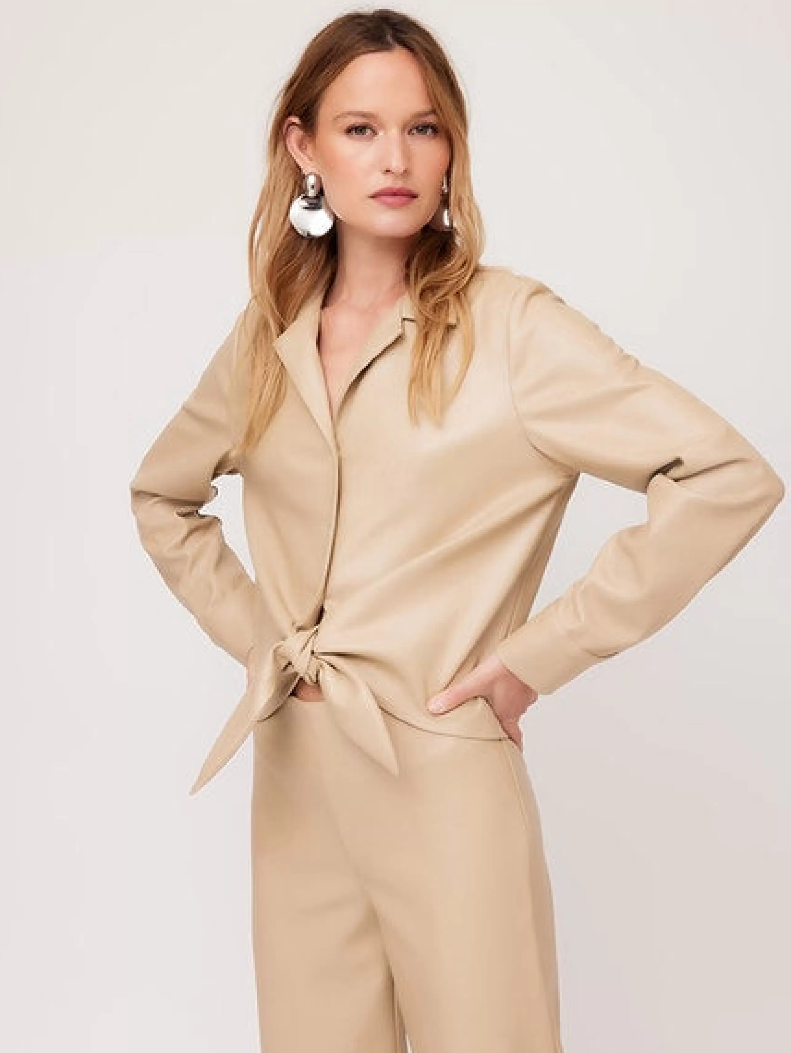 FIFTEEN TWENTY Matching Sets^Vegan Leather Tie Front Top In Beige